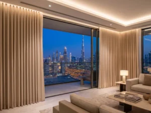 Wave curtains framing a Dubai skyline view in a contemporary apartment